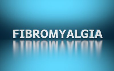 Word Fibromyalgia written in bold white letters on blue reflective background. 3d illustration.